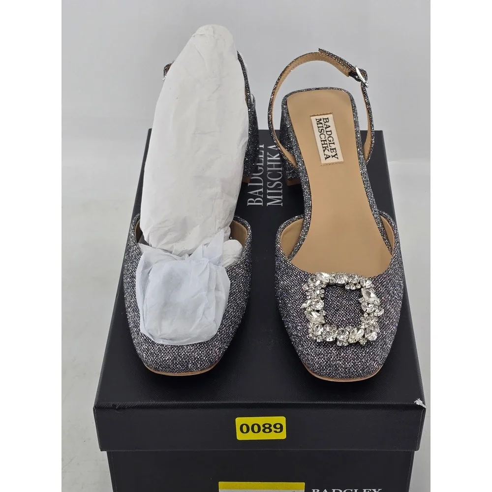 Badgley Mischka Vivia Slingback Pump Womens 7.5 Pewter Glitter Crystal - NEW